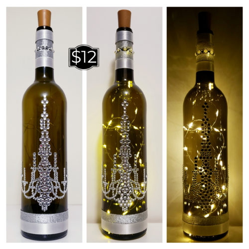 Photo grid of a bottle light with a silver jewelled chandelier