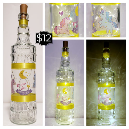 Photo grid of a bottle light with unicorns and "Dream like a unicorn".