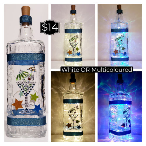 Photo grid of a bottle light with jewelled martini glasses.