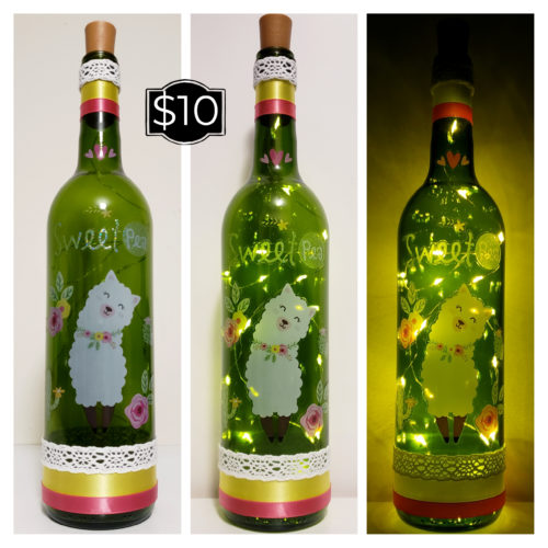 Photo grid of a bottle light with a llama, cacti and flowers, and "sweet pea".