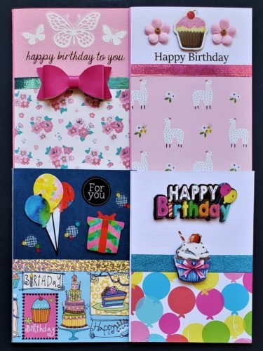 Four pack of birthday cards with llamas, flowers and party prints.