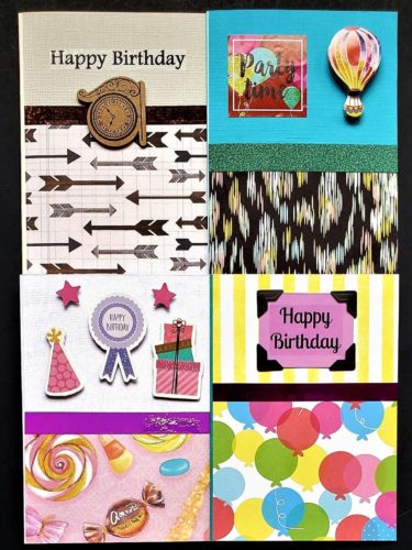 Four pack of birthday cards with party prints and everyday prints.