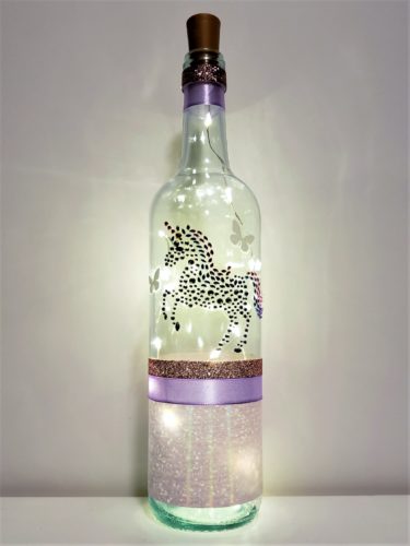 Jewelled unicorn bottle light with butterflies