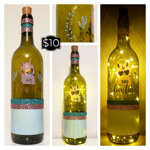 Photo grid of a bottle light with a llama and "Adventures".