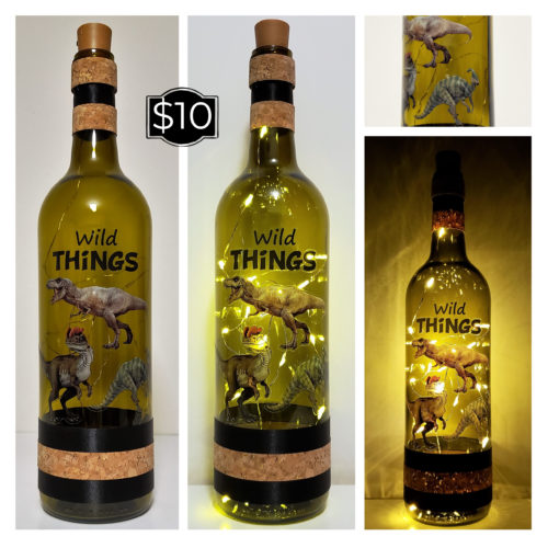 Photo grid of a bottle light with three dinosaurs and "Wild things".