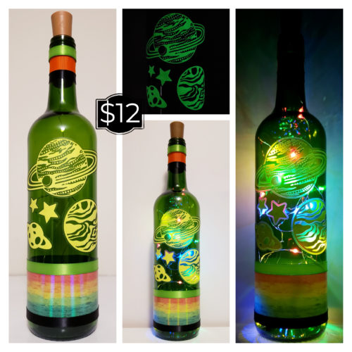 Photo grid of a bottle light with glow in the dark planets.