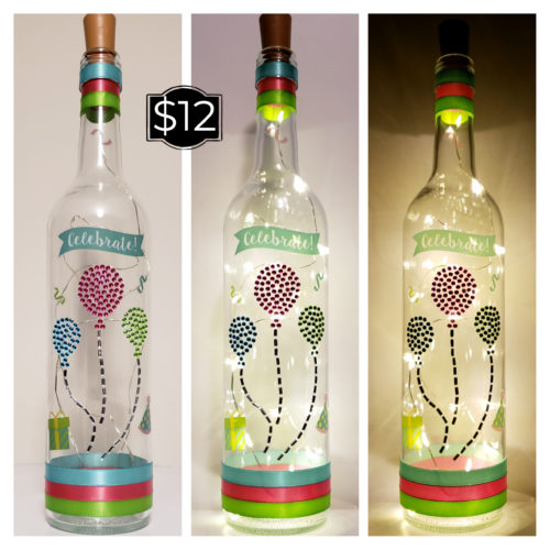 Photo grid of a bottle light with three jewelled balloons and "Celebrate".