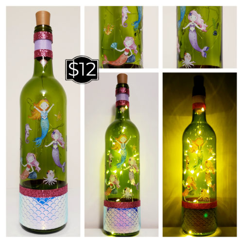 Photo grid of a bottle light with three mermaids in pastels and a scale-wrap around the bottom.