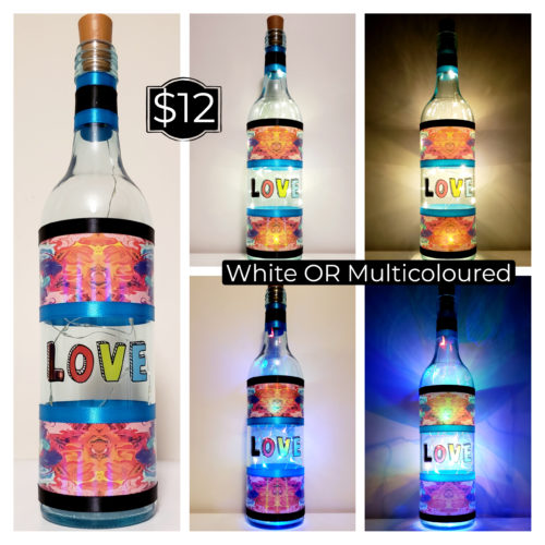 Photo grid of a bottle light with a psychedelic wrap and "Love" in the center.
