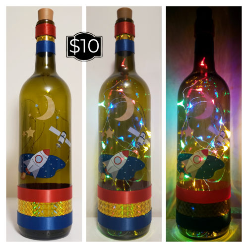 Photo grid of a bottle light with a rocketship, moon and satellite.