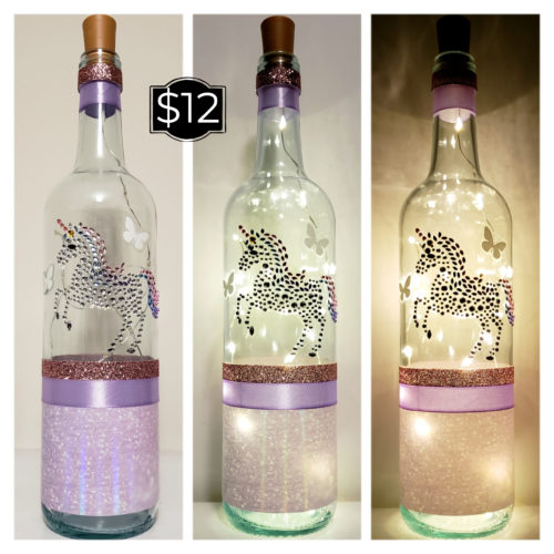Photo grid of a bottle light with a jewelled unicorn and butterflies.