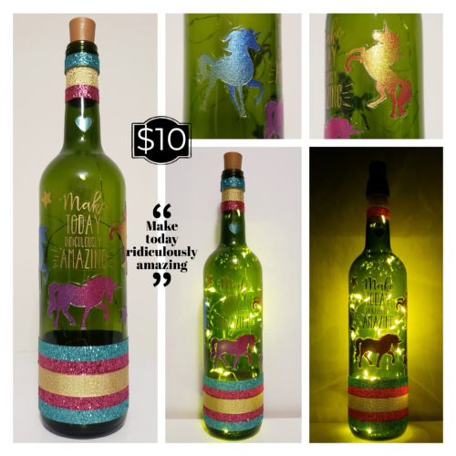 Photo grid of a bottle light with three unicorns and "Make today ridiculously amazing". 