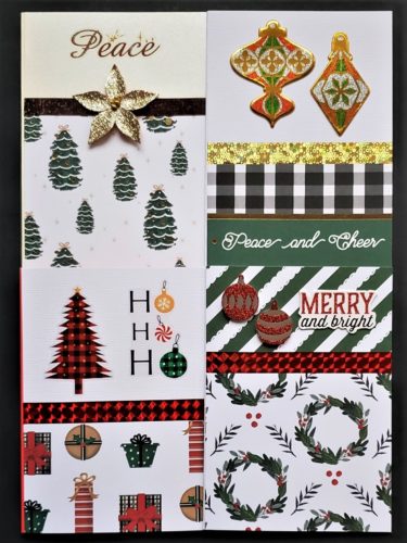 Four pack of Christmas cards with traditional prints with trees, wreaths and presents.
