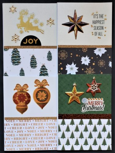 Four pack of Christmas cards with trees, poinsettias and holiday words.