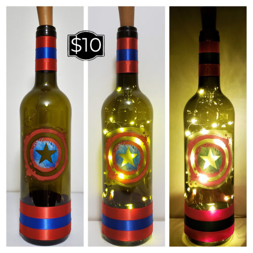 Photo grid of a bottle light with the Captain America shield.