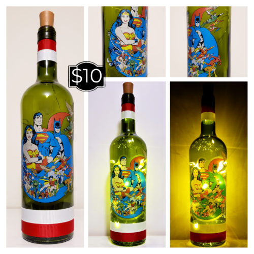 Photo grid of a bottle light with DC superheroes.