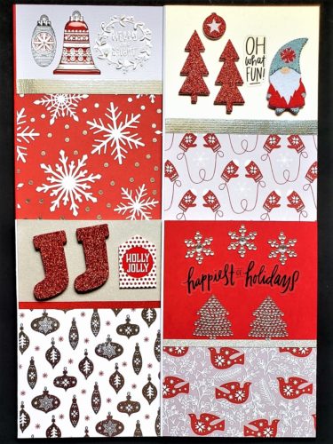 Four pack of Christmas cards in red and white with bells, trees, stockings and more.