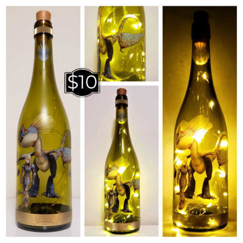 Photo grid of a bottle light with Astrid and her dragon from How to Train Your Dragon.