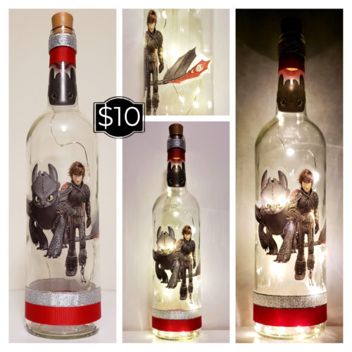 Photo grid of a bottle light with Hiccup and his dragon from How to Train Your Dragon.