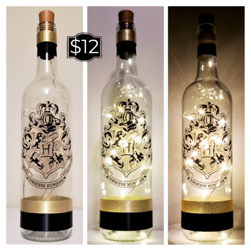 Photo grid of a bottle light with an intricate Hogwarts crest.