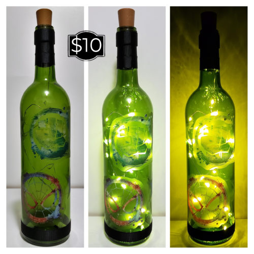 Photo grid of a bottle light with the Hulk and Spiderman logos.