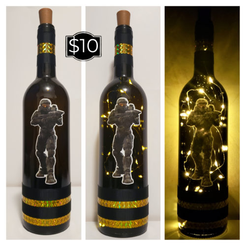 Photo grid of a bottle light with Master Chief from Halo.
