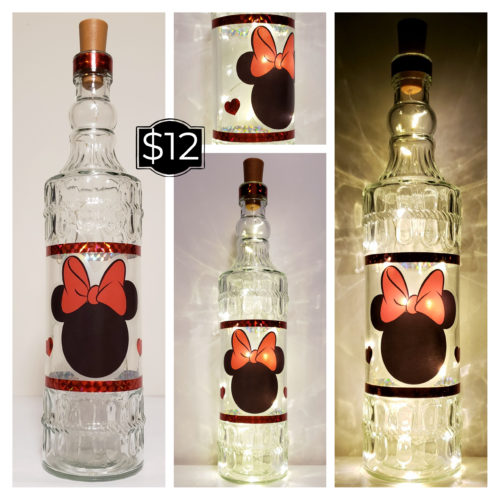 Photo grid of a bottle light with Minnie Mouse's head.