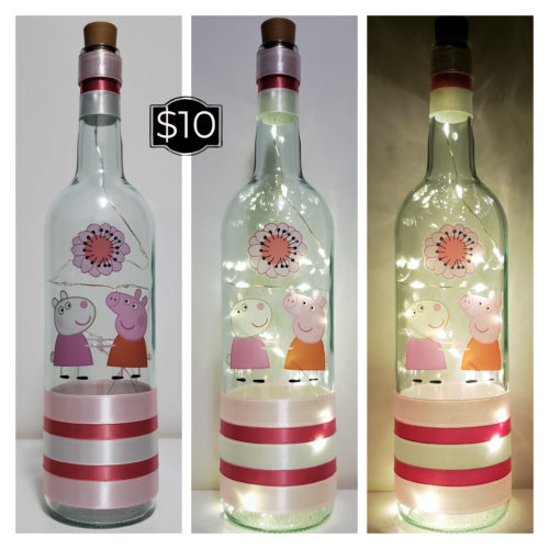 Photo grid of a bottle light with Peppa Pig and a friend holding hands.