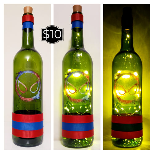 Photo grid of a bottle light with the Spiderman logo.