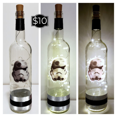 Photo grid of a bottle light with a white, grey and black Darth Vader helmet.