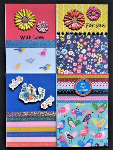 Four pack of birthday and mixed use cards with colourful and bright birds and and flowers.