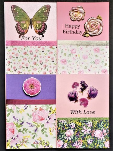 Four pack of birthday and mixed use cards in pink floral prints.