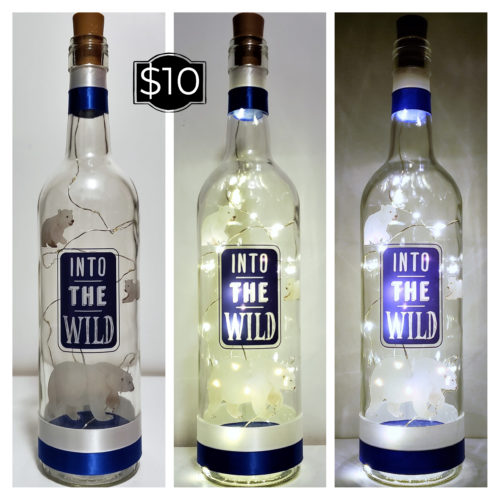 Photo grid of a bottle light with polar bears and "Into the wild".