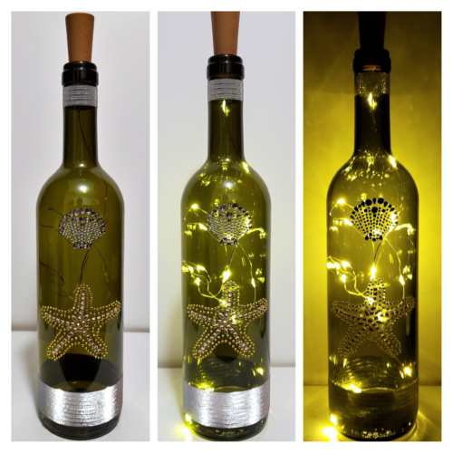 Photo grid of a bottle light with a jewelled starfish and seashell.