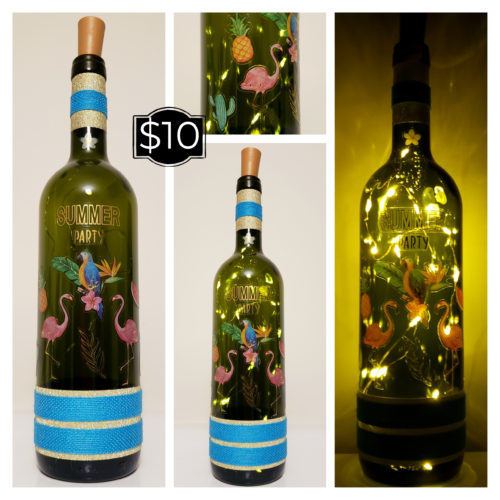 Photo grid of a bottle light with flamingoes, tropical bird, foliage and pineapple.