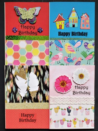Four pack of birthday cards in bright prints, featuring cocktails, birds and feathers.