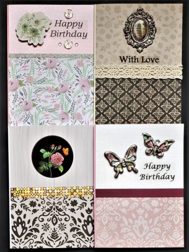Four pack of birthday and mixed use cards with florals and patterned prints.
