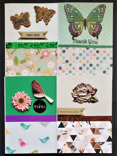 Four pack of thank you cards in mixed styles of florals, birds and dots.