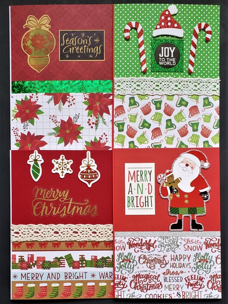 Four pack of Christmas cards with poinsettias, hot chocolate and holiday phrases.