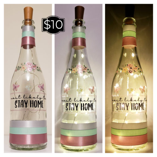 Photo grid of a bottle light with flowers and "Most likely to stay home".