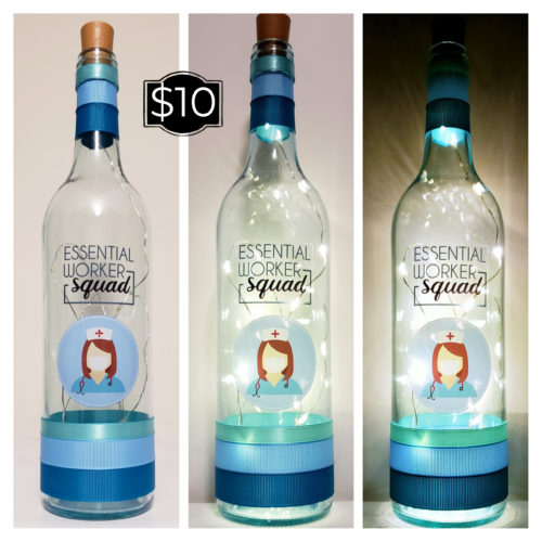 Photo grid of a bottle light with a nurse and the phrase, "Essential Worker Squad".
