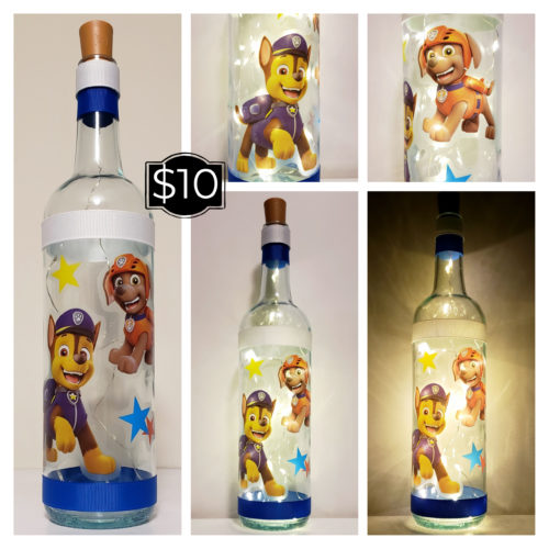 Photo grid of a bottle light with Chase and Zuma from Paw Patrol.