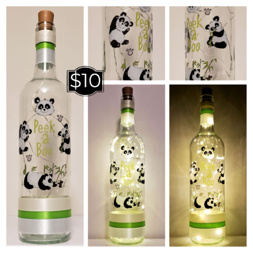 Photo grid of a bottle light with pandas and the phrase, "Peek-a-boo".