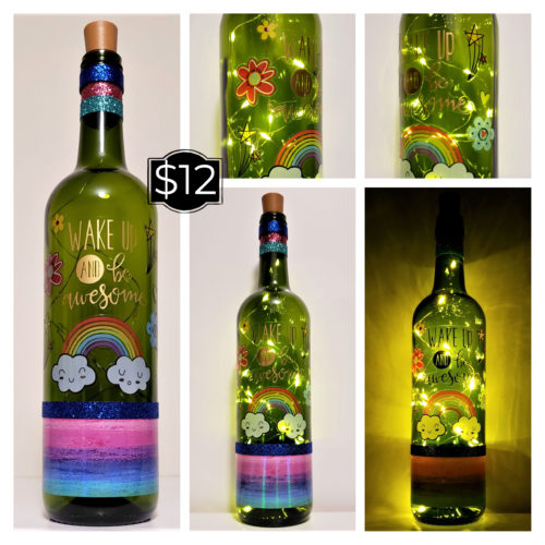 Photo grid of a bottle light with "Wake up and be awesome", and a rainbow.