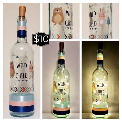 Photo grid of a bottle light with "Stay Wild My Child", a bear and rabbit.
