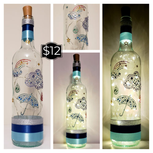 Photo grid of a bottle light with jewelled clouds, rainbow, raindrops and umbrella.