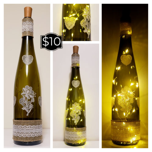Photo grid of a bottle light with lace hearts and flowers, and with lace and burlap trim.