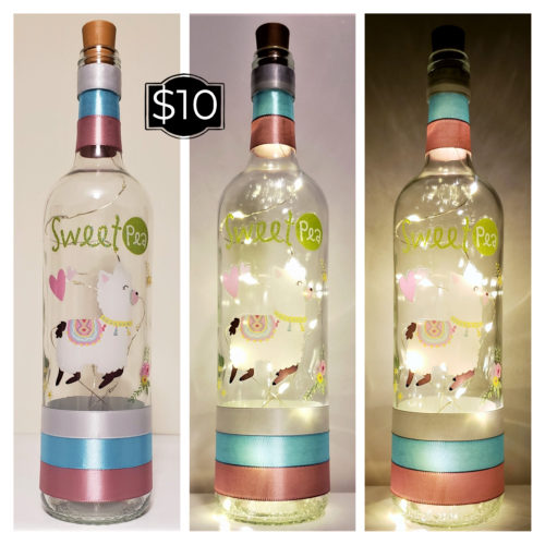Photo grid of a bottle light with a llama jumping and the words, "Sweet Pea".
