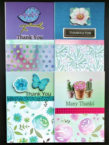 Four pack of thank you cards with bright and fun blue, green, purple and pinks prints.