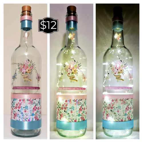 Photo grid of a bottle light with "My mom is my hero", a floral wrap around the bottom and bouquet of flowers.